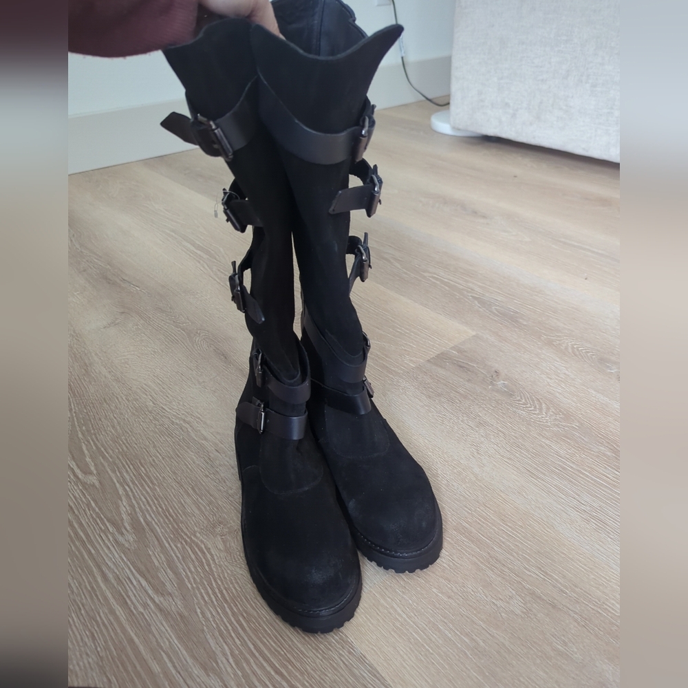 Free People Tristie Buckle Boot Tall Suede Leather Straps Lug Sole Black 6.5, 7 - Picture 7 of 11